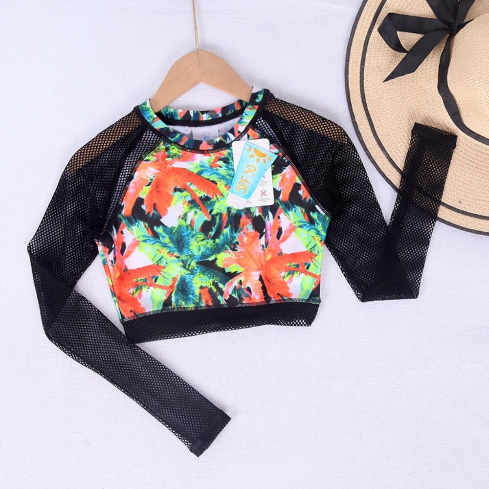Volcom Vibrant Leaf Print Crop Top with Black Mesh Sleeves